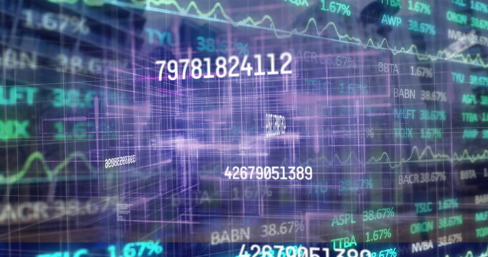 Streaming data at trading hub showing floating numbers, stock tickers, chart curves and 3D grid