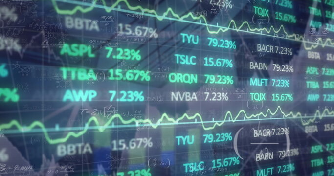 Digital financial chart scrolling on trading interface, with ticker symbols and percentage changes