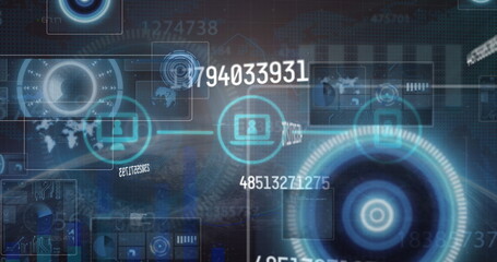 Displaying HUD pulsing on digital interface, with numeric IDs, world map, laptop icon, copy space