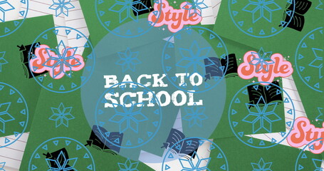 Central BACK TO SCHOOL graphic floating on collage, with paper fragments, book icons, pink text