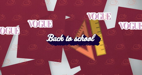 Featuring navy brush-stroke banner 'Back to school' on grid-paper backdrop, rulers and VOGUE stamps