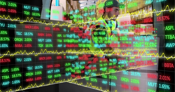 Collaborating analysts wearing suits studying tickers with graphs on LED screen on trading floor