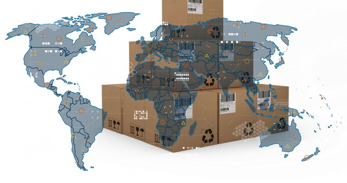 Stacking cardboard shipping boxes into pyramid over blue world map overlay, with logistics icons