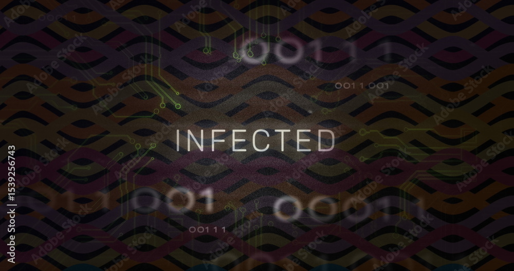 Poster displaying centered infected text glowing over cyber interface, with green circuits, binary code