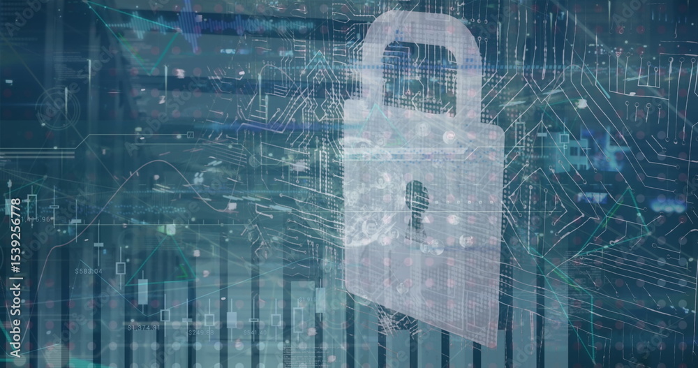 Poster displaying semi-transparent padlock icon securing interface, with circuit diagrams and bar charts