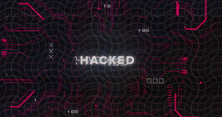 Displaying glitchy HACKED text on screen with neon pink circuitry, curved grid lines, scan markers