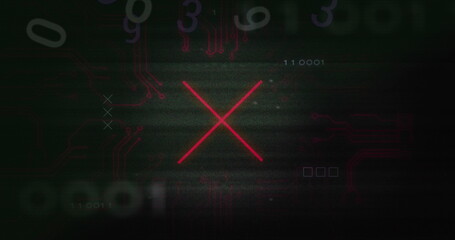 Displaying glowing red X symbol pulsing on dark interface, with binary digits and circuit traces