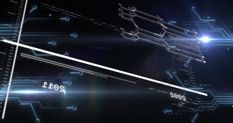 Displaying white diagonal beam flowing across interface, with bright light flare, alphanumeric code