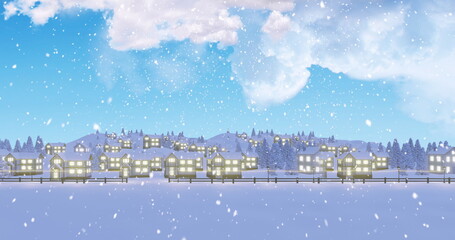 Row of wooden cottages glowing behind fence under pale moon at winter village, drifting snowflakes