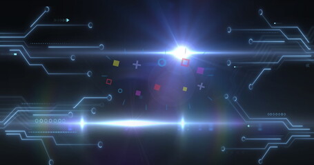 Emitting lens flare, light beam crossing digital interface, with neon-blue circuit lines and nodes