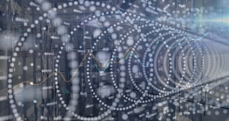 Overlaying data visualization on racks in server room, with network cables, LEDs and cooling vents