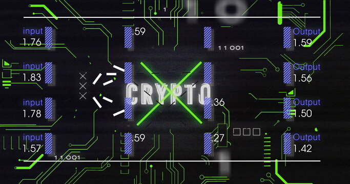 Displaying central CRYPTO text glowing on neon green X in virtual interface, with circuit traces