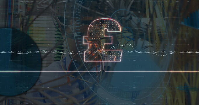 Displaying circuit pound sterling symbol shining over server room, with cables and digital waveform