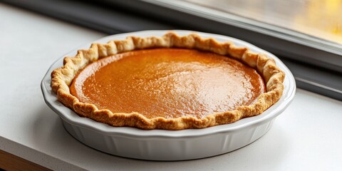 Pumpkin pie with warm baking concept. Pumpkin pie in a white dish on a windowsill.