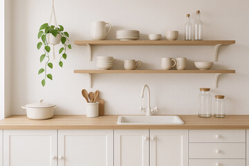 Fototapeta premium Modern kitchen interior design with neutral tones featuring open shelving and hanging plant for cozy home aesthetics