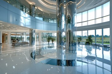 Interior view of a modern building with reflective columns and large windows providing natural light