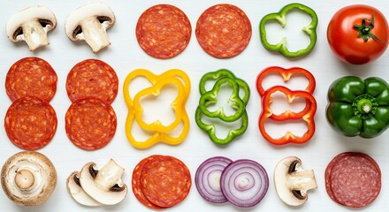 Pizza ingredients arranged on a white surface: pepperoni, peppers, mushrooms, tomato, and onion