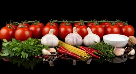 Italian Cuisine Ingredients: Tomatoes, Garlic, Pasta, Herbs, and Spices on Black Reflective Surface