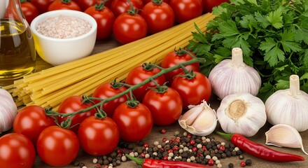 Italian Cuisine Ingredients: Fresh Tomatoes, Garlic, Pasta, Herbs, and Spices on Rustic Wood