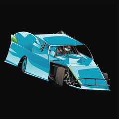 Blue and painted racing car. Isolated in black background, for t-shirt design, print. and for business purposes.