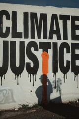 Urban street art illustration featuring bold graffiti with the quote "CLIMATE JUSTICE", raising awareness for ecology, earth rights, and the urgent fight against environmental and social issues.