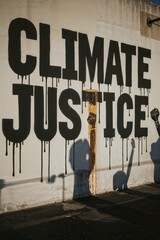 Urban street art illustration featuring bold graffiti with the quote "CLIMATE JUSTICE", raising awareness for ecology, earth rights, and the urgent fight against environmental and social issues.