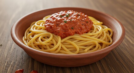 Rustic bowl of spaghetti with vibrant tomato sauce and fresh herb garnish