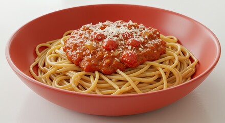 Spaghetti with Tomato Sauce and Parmesan in a Red Bowl, Close-Up View
