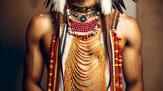 Portrait of a man with face paint, wearing feathered headdress, ornate tribal necklaces and beaded earrings against neutral background.