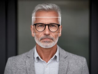 Fototapeta premium Mature man wearing stylish glasses showcasing wisdom and confidence in a modern setting emphasizing clarity and strength of character with subtle facial expressions