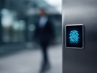 Modern fingerprint scanner displayed prominently with a professional man in a suit passing through sleek urban corridor embodying advanced security technology and digital innovation