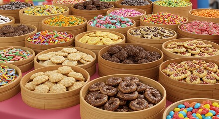 Assorted sweets and cookies in wooden bowls, a colorful confectionery display
