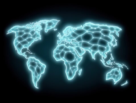 Futuristic glowing world map emphasizing digital connectivity and global communication in an interconnected cyberspace displaying geographical boundaries with neon blue highlights