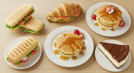 Assorted breakfast plates featuring panini, croissant, pancakes, and cheesecake on a wooden table