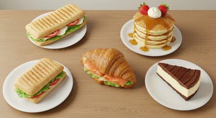 Assorted breakfast foods: Panini, croissant, pancakes, and cheesecake on a wooden table.
