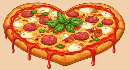 Heart-shaped pizza with pepperoni, mozzarella, basil, and dripping tomato sauce