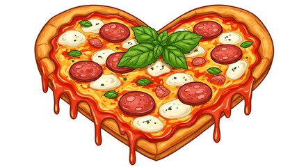 Heart-shaped pizza with pepperoni, mozzarella, basil, and dripping sauce