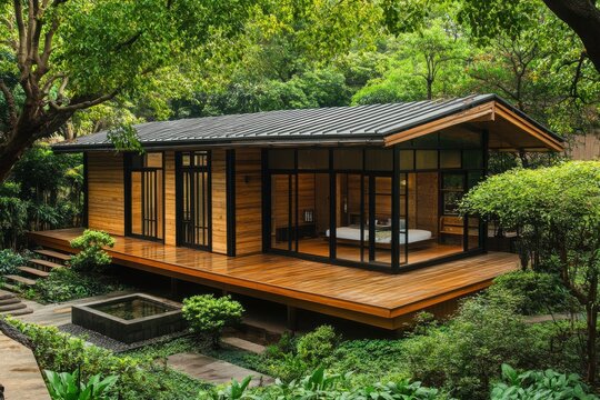 A modern wooden house with glass walls surrounded by lush greenery and a small pond in a zen garden