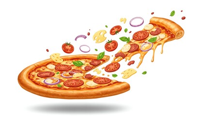Floating Pizza Slice with Dripping Cheese and Scattered Toppings on White