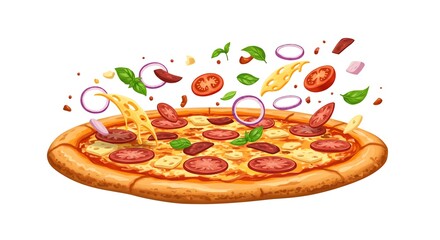 Delicious pizza with floating ingredients: cheese, tomato, onion, basil, and pepperoni