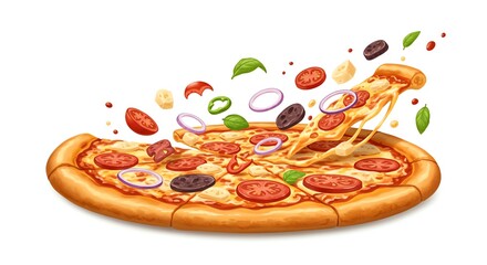Delicious pizza with floating toppings on a clean white background, ready to eat
