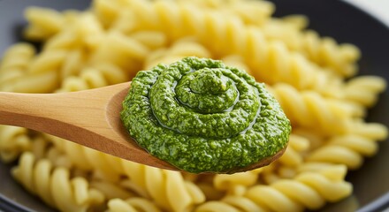 Vibrant pesto swirl on wooden spoon, pasta background, culinary delight