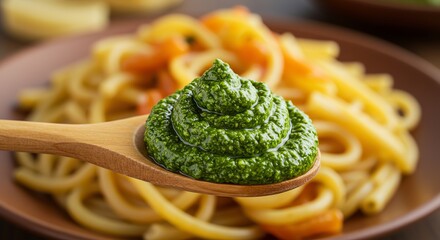 Vibrant Pesto Swirl on Wooden Spoon with Pasta Background