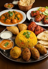 Indian Thali Platter with Curry, Rice, Samosas, Chicken Tikka and Naan Bread