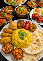 Indian Feast: A vibrant array of dishes featuring rice, naan, curries, and fried appetizers