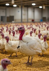 Indoor Turkey Farm: A Sea of White Feathers and Red Heads on Wood Shavings