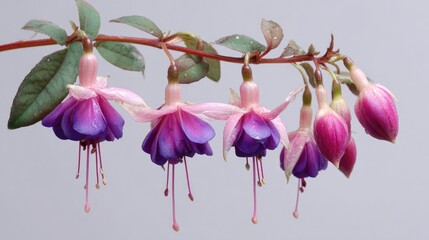 Fuchsia flowers with pendulous pink and purple blooms isolated on white background