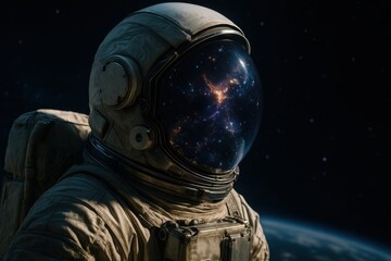 Space explorer in reflective helmet gazing at distant galaxies with Earth reflection visible in visor during spacewalk