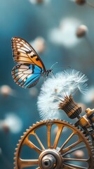 A butterfly resting on a dandelion seed head attached to a golden gear mechanism against a blue background