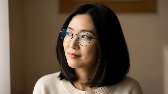 Asian woman wearing glasses, thoughtful expression, strategic thinking. Use for professional services, consultant, business coach, education, mental health, technology concepts.